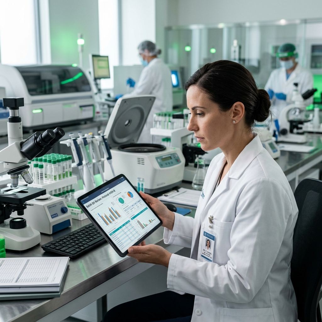 Defacto Labs Quality Assurance Officer reviewing scientific data